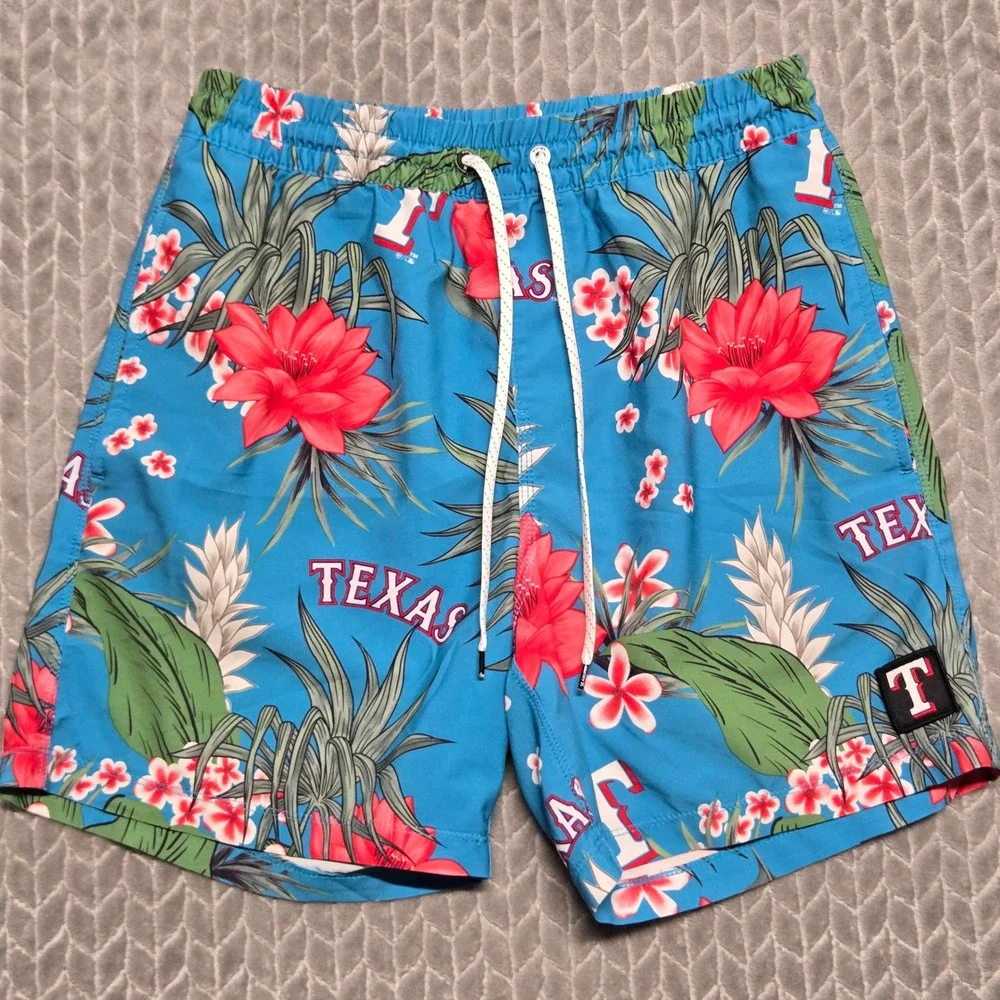 Hurley x 47 Brand Texas Rangers MLB Floral Hawaiian Swim Trunks Blue Mens Small